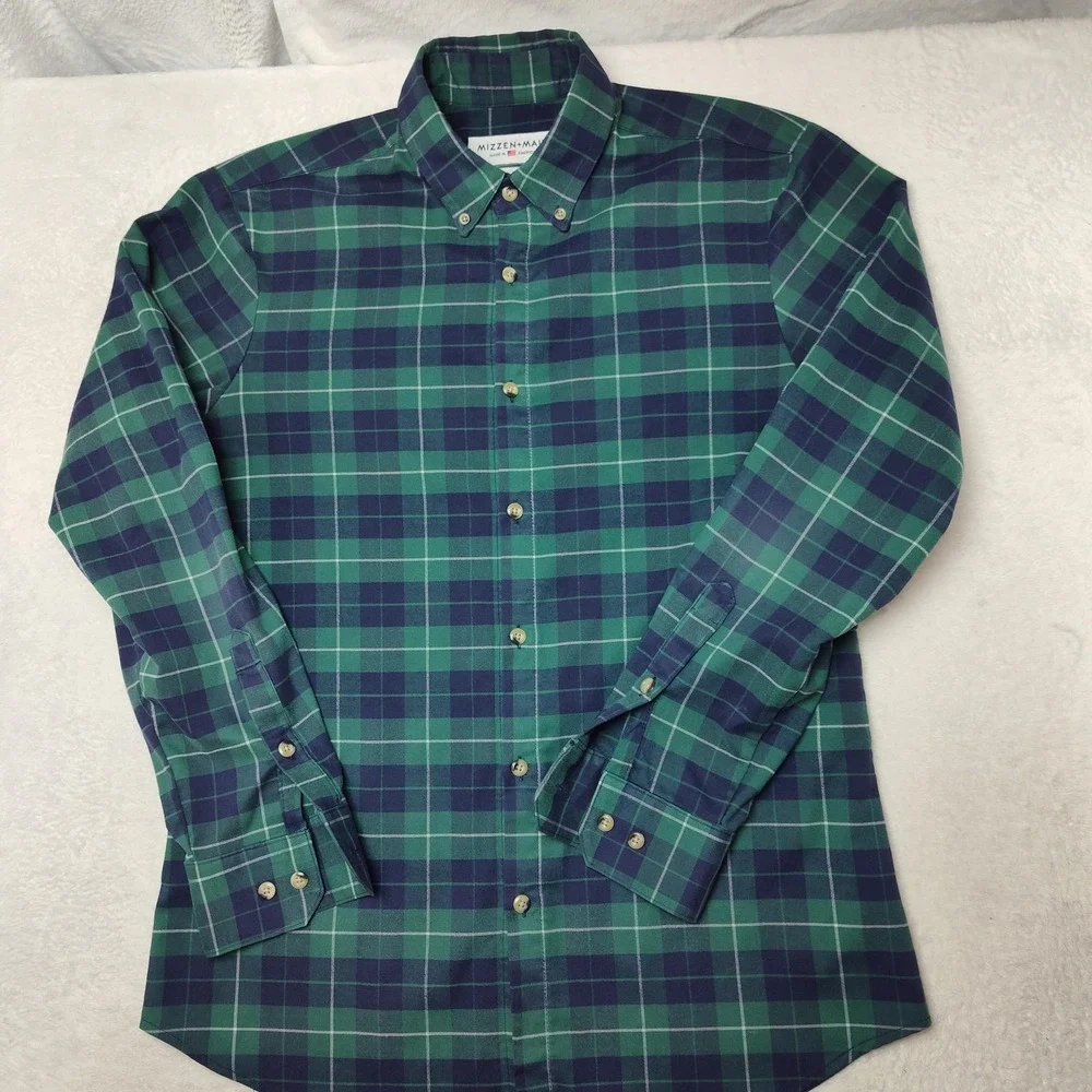 Mizzen+Main‎ Shirt Mens Large Green Plaid Button-Up Flannel Slim Trim Fit USA